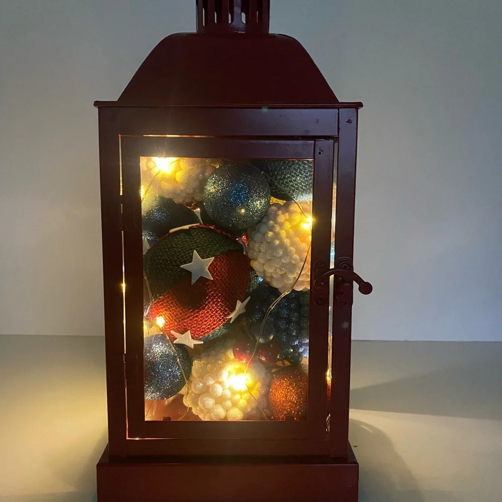 Red Metal Lantern with Patriotic Accents Battery Powered Lights